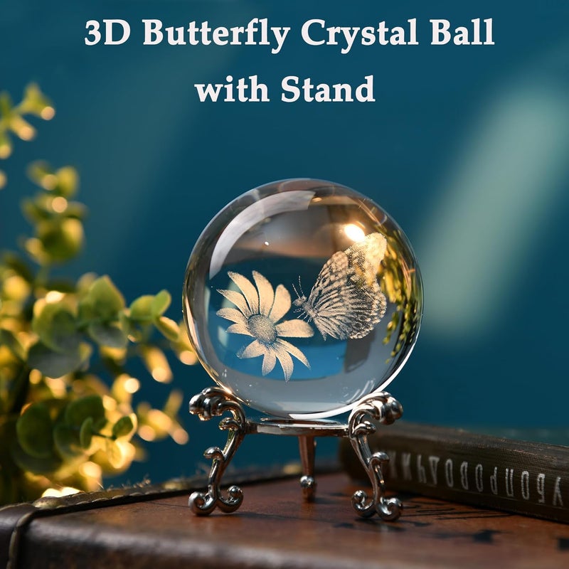 IFOLAINA 3D Butterfly Crystal Ball 60mm Gifts Ideas for Girlfriend Wife Mom Couple Her Butterfly on Sunflower in Glass Ball with Stand Flower Sphere Novelty Home Decor - Image 3